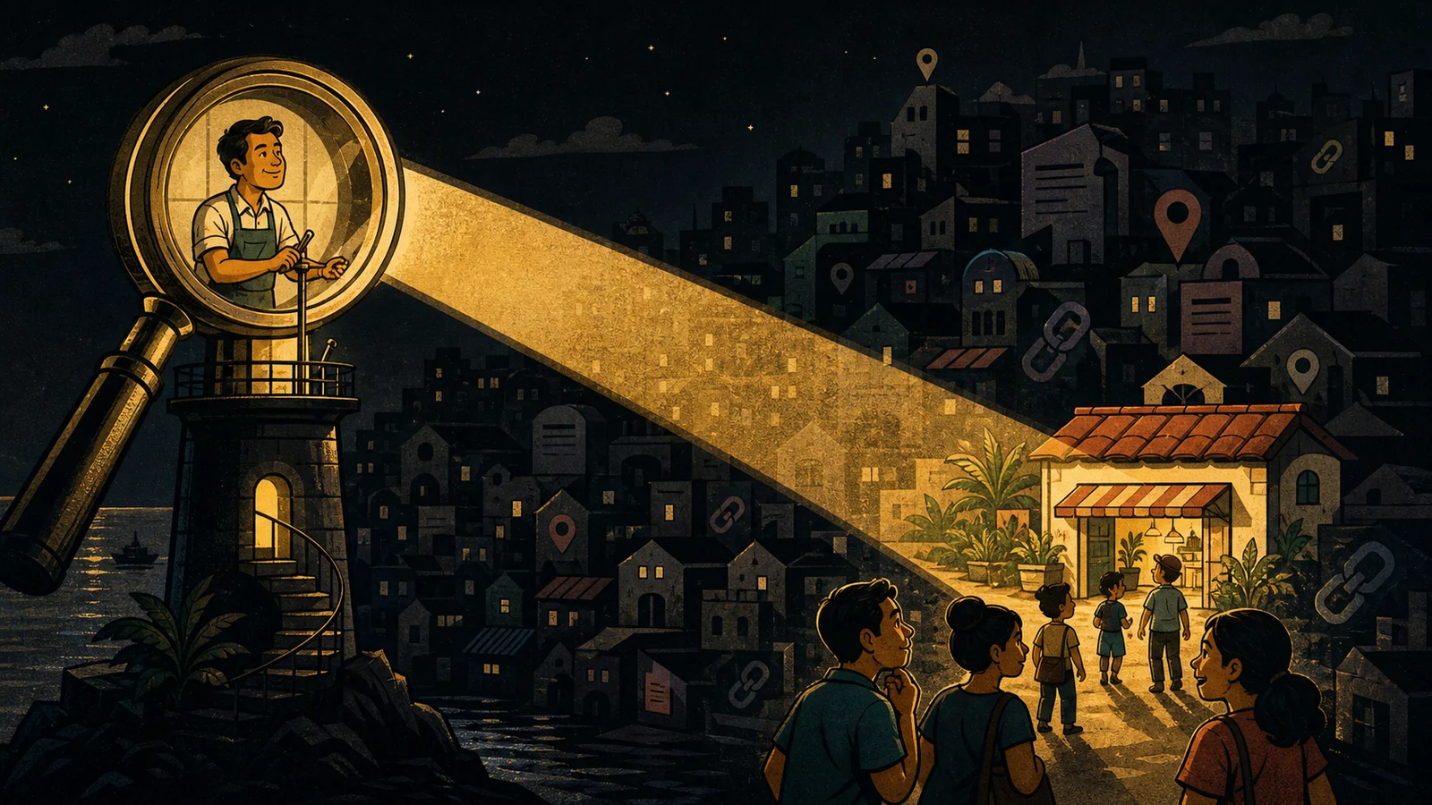 Search visibility guiding people from web pages to a business