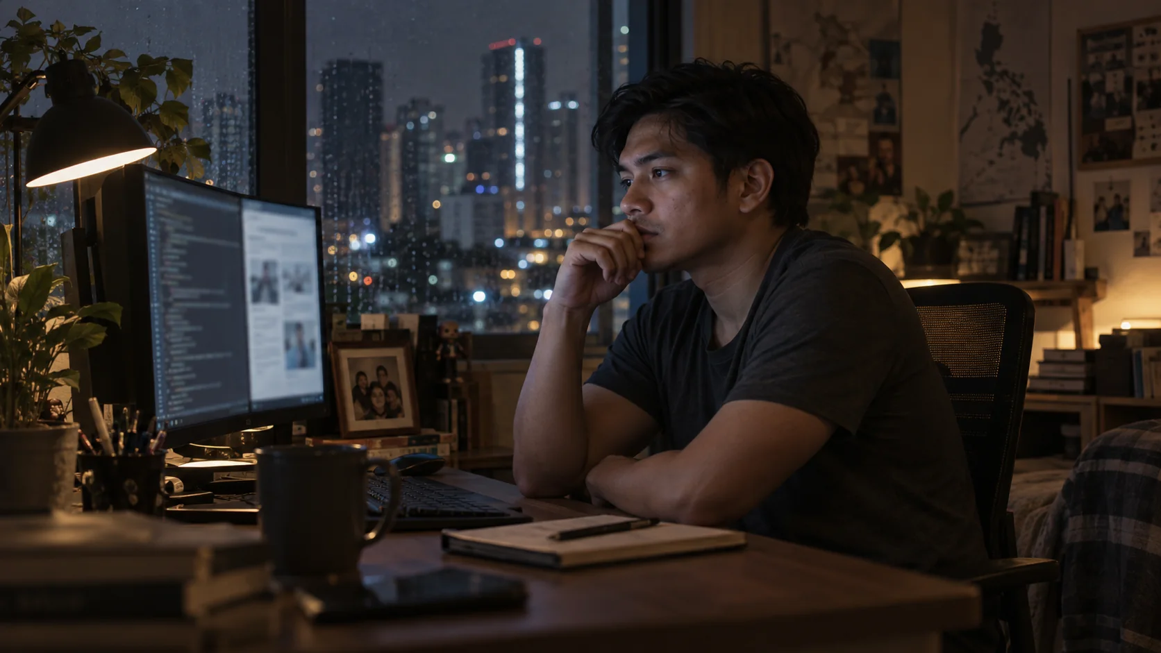 A Filipino software professional reflecting at his desk late at night