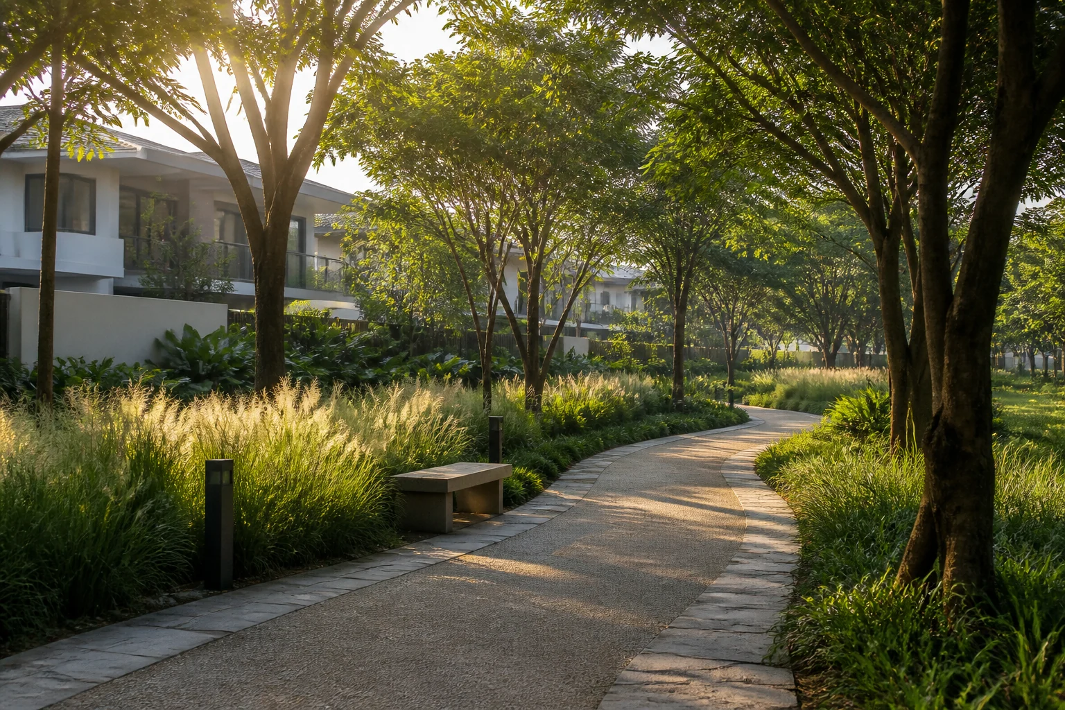 Shaded landscaped walking and running trail