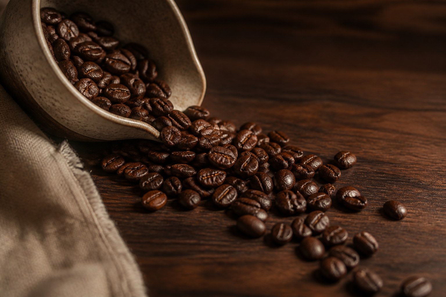 Freshly roasted coffee beans spilling from a handmade ceramic scoop