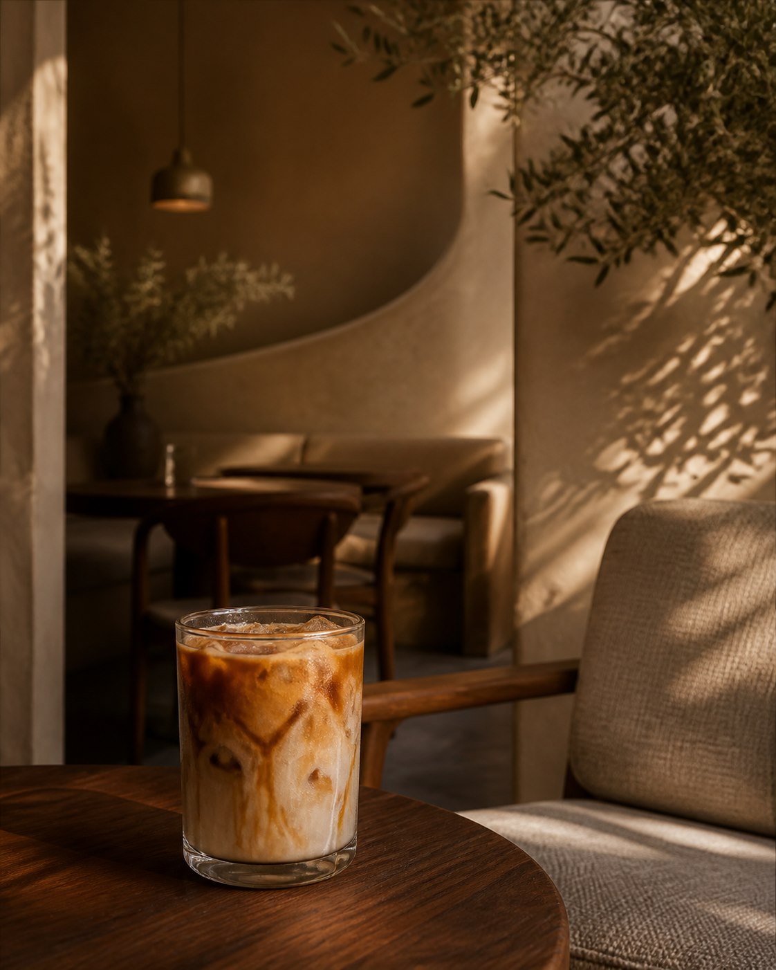 Iced caramel latte on a walnut table in a warm sunlit cafe