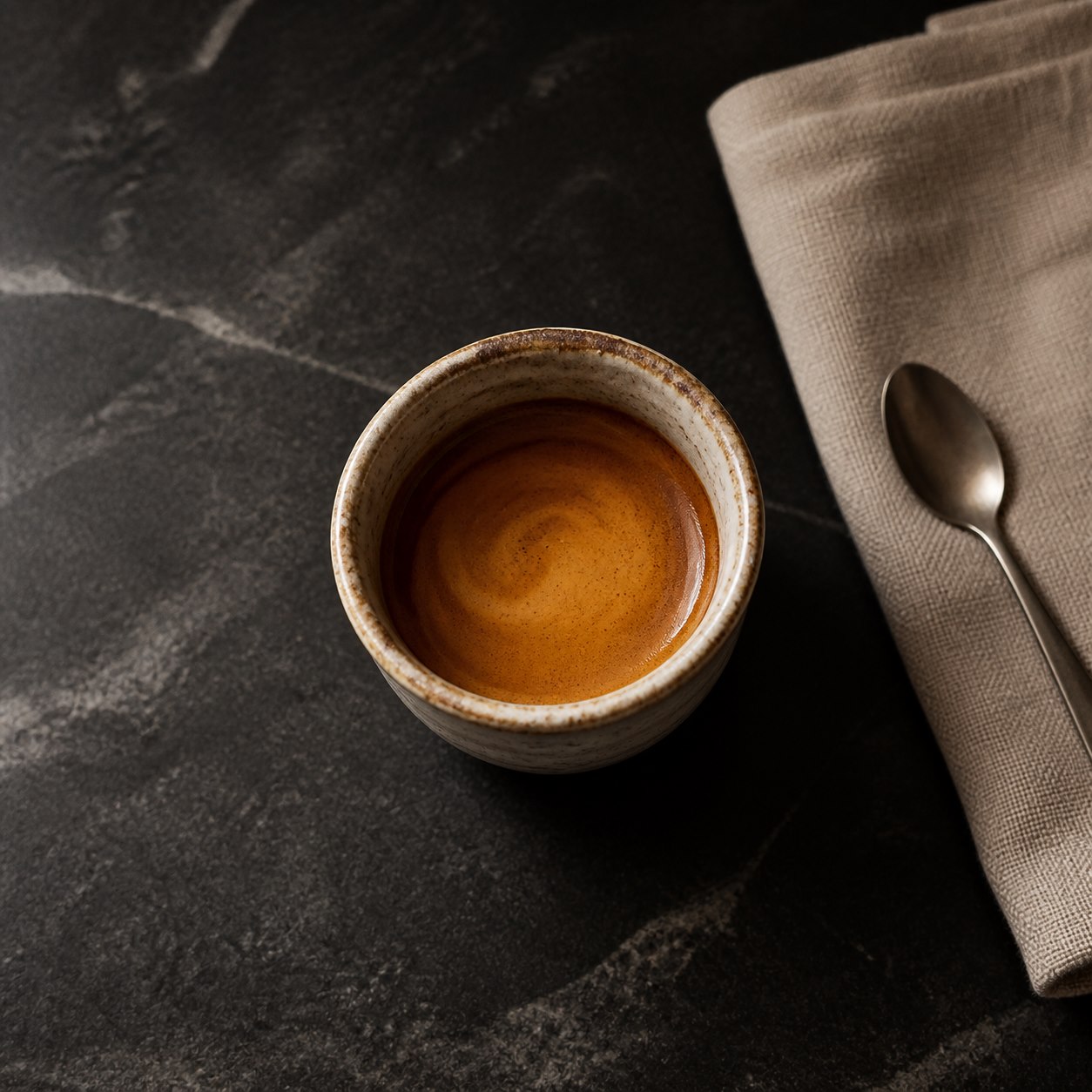 Fresh espresso with golden crema in a ceramic cup