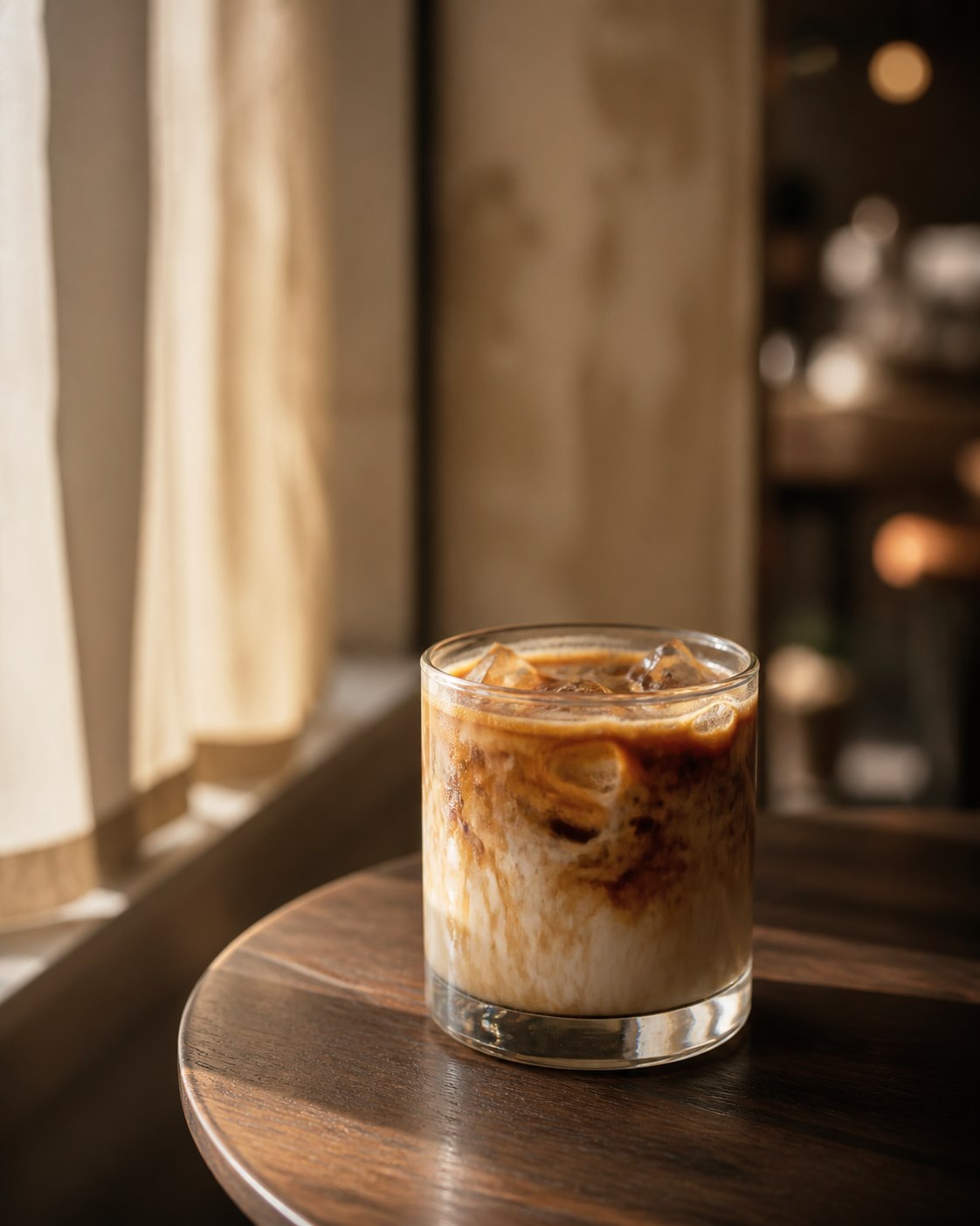 Iced caramel latte glowing in warm morning window light