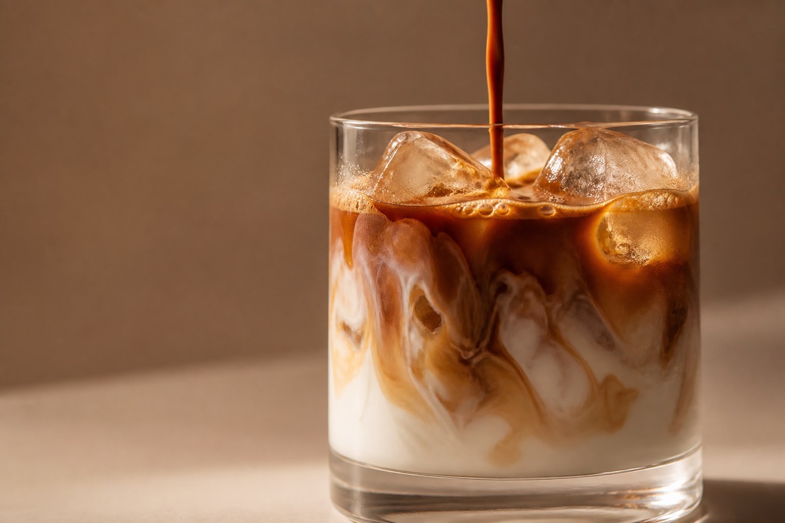 Espresso pouring into milk and ice in a clear glass