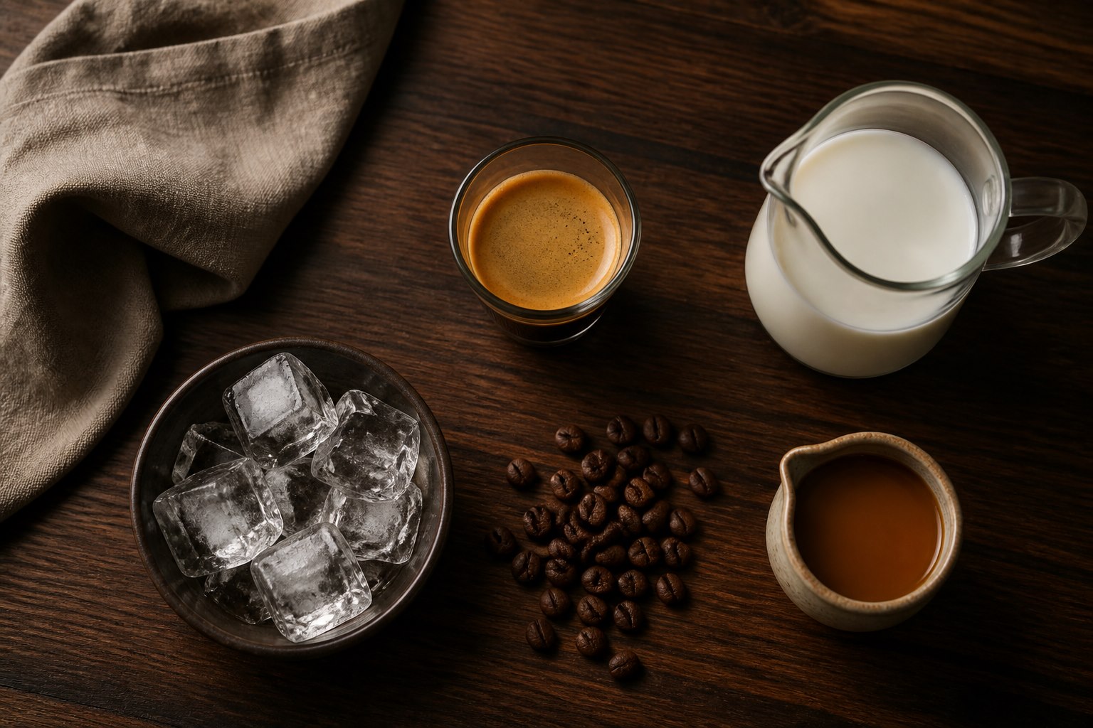 Espresso, milk, ice, caramel, and coffee beans arranged for an iced latte recipe