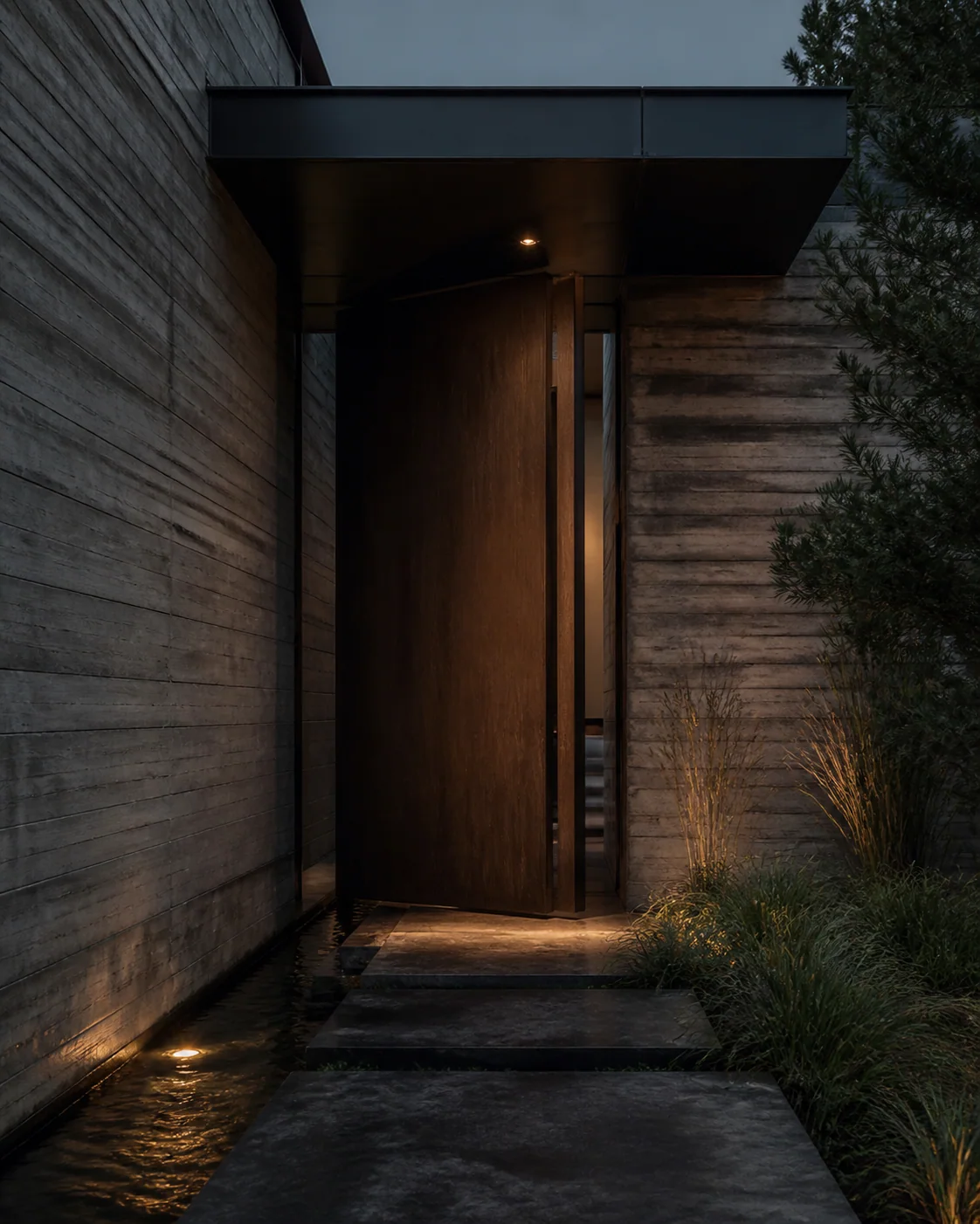 Dark oak entrance framed by concrete and grasses