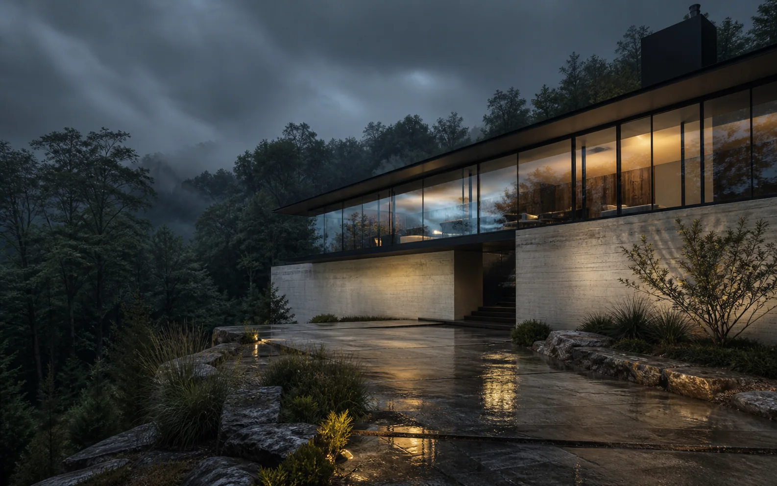Modern glass and limestone residence on a misty hillside