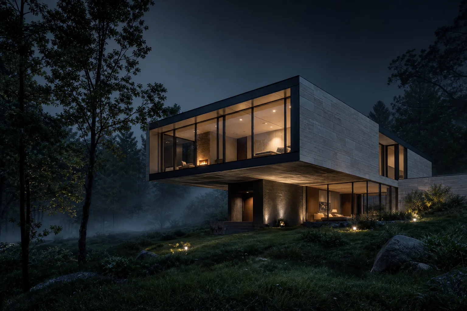 Cantilevered forest residence at blue hour
