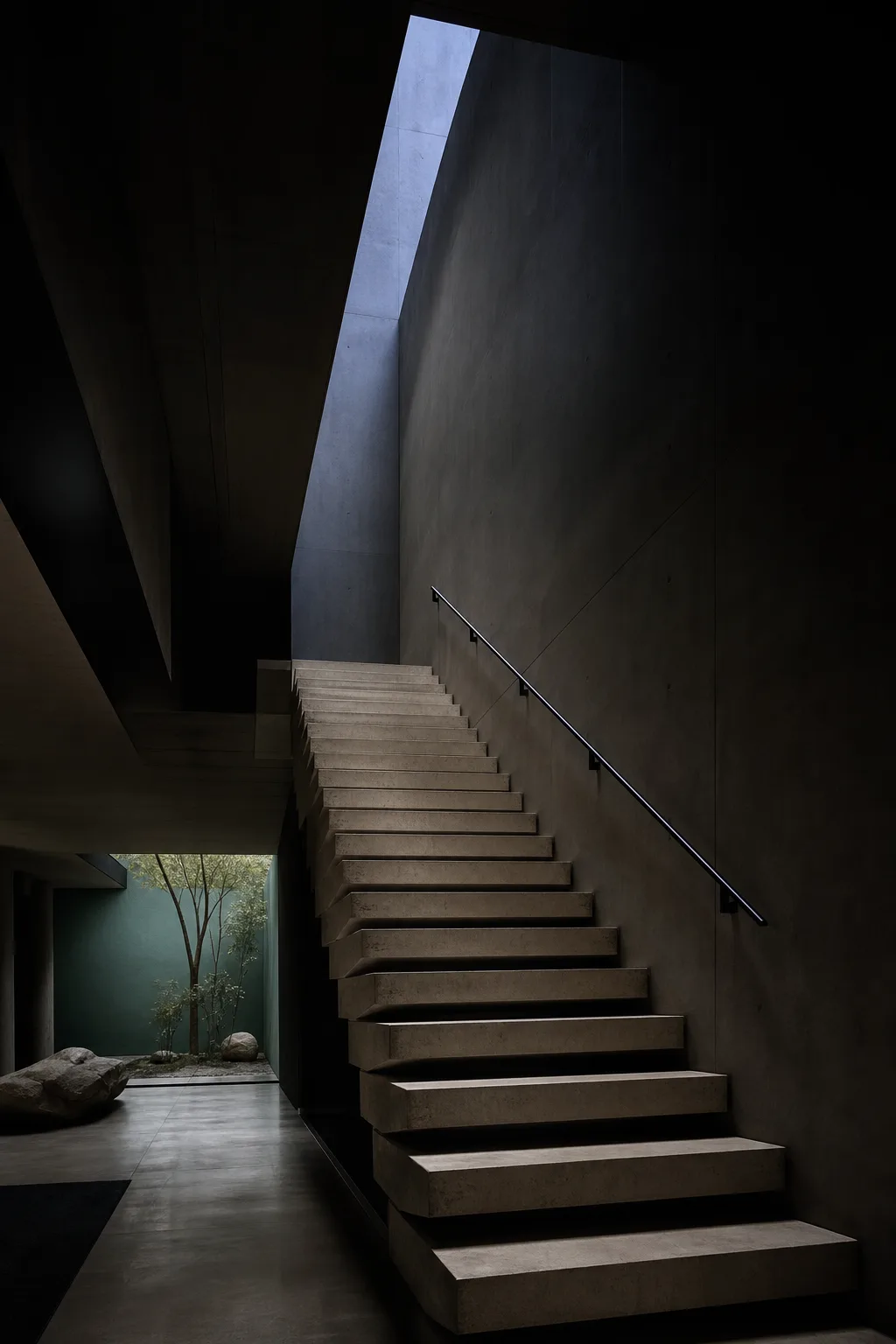 Sculptural concrete stair beneath a skylight
