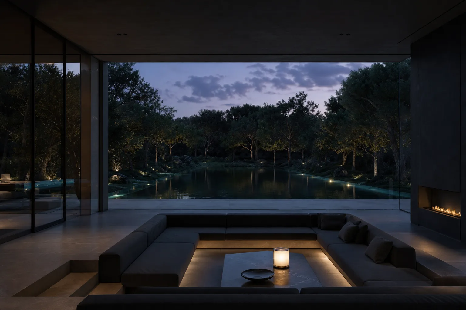 Sunken living room overlooking a reflecting pool