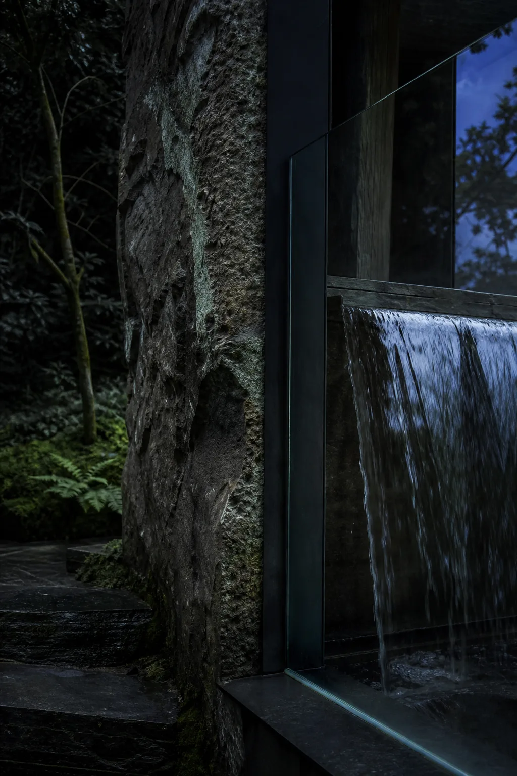 Stone, glass, and water architectural detail