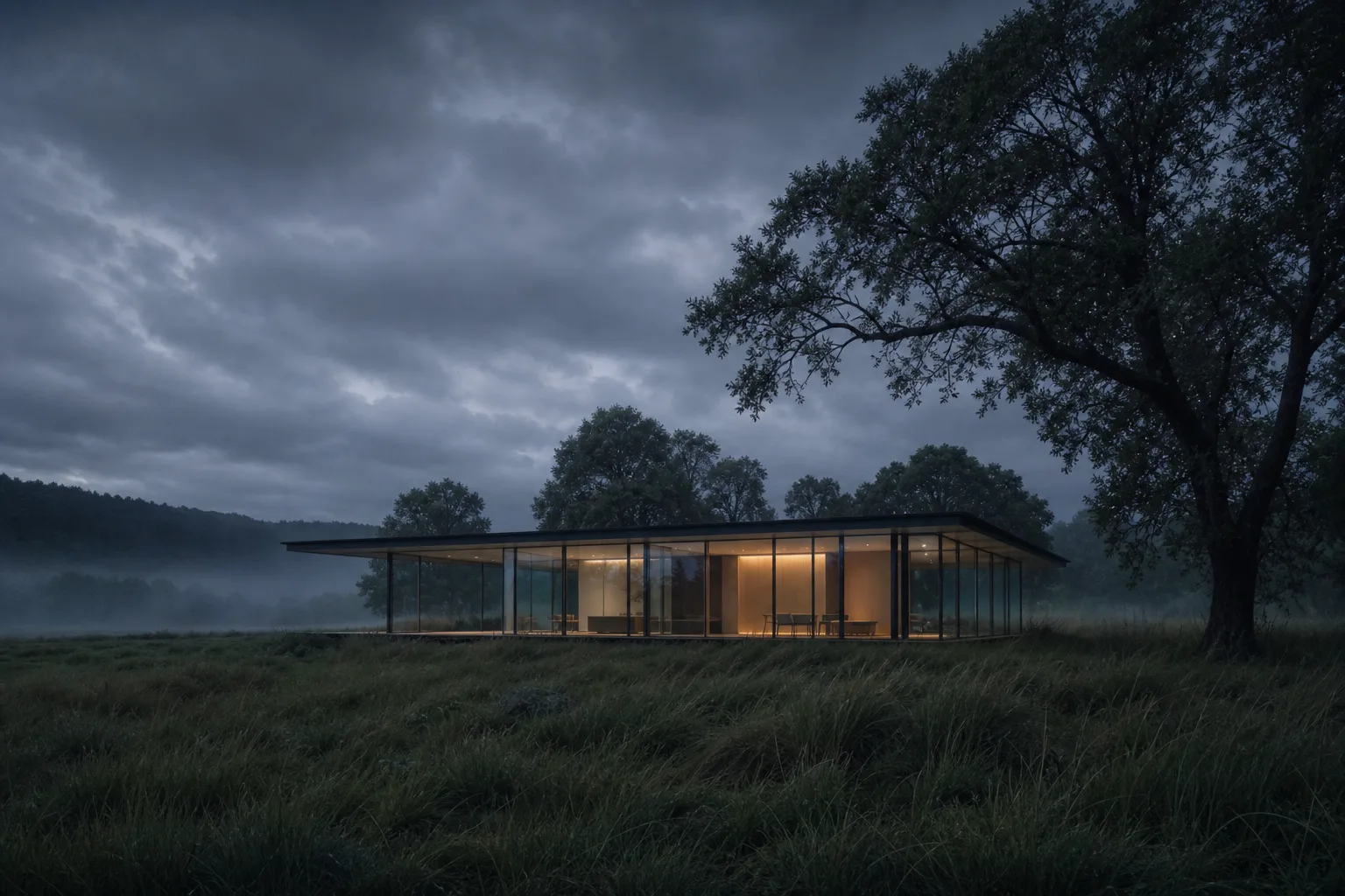 Glass pavilion in a meadow