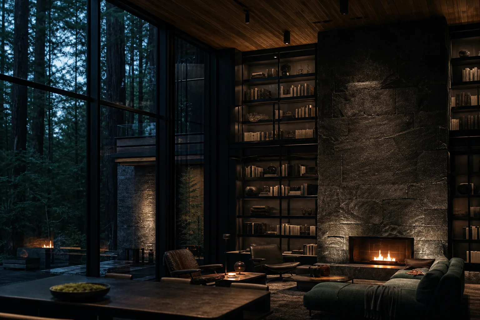 Dark private library with a stone fireplace