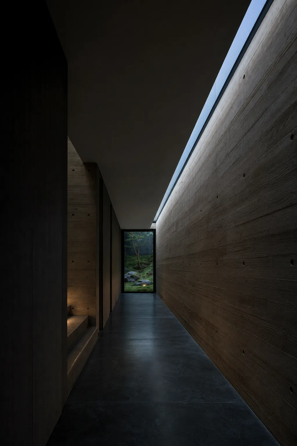 Board-formed concrete corridor leading to a moss garden