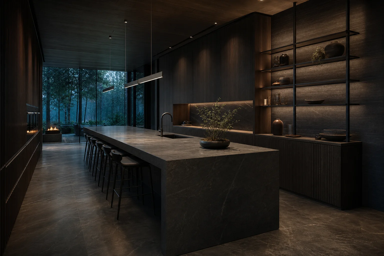 Dark stone and timber kitchen facing a forest