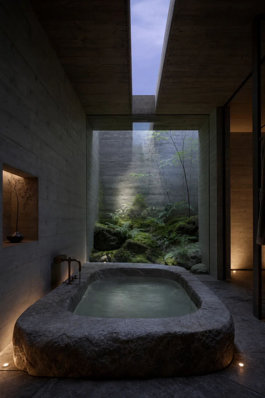 Carved stone bath beside a moss courtyard