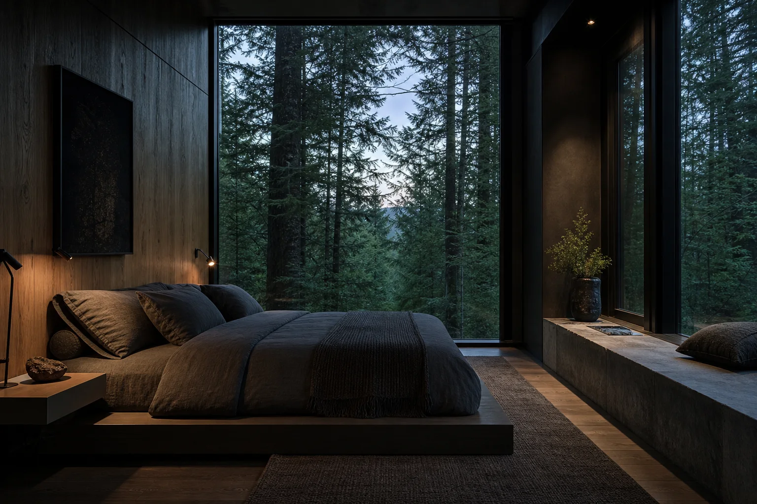 Quiet dark bedroom opening to the forest