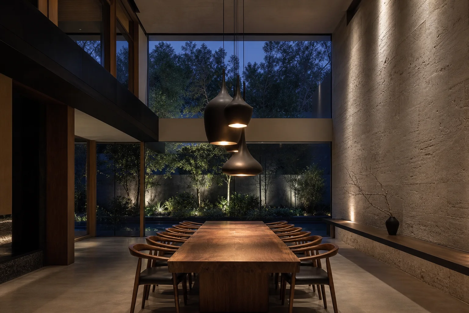 Double-height dining room with sculptural pendant lights