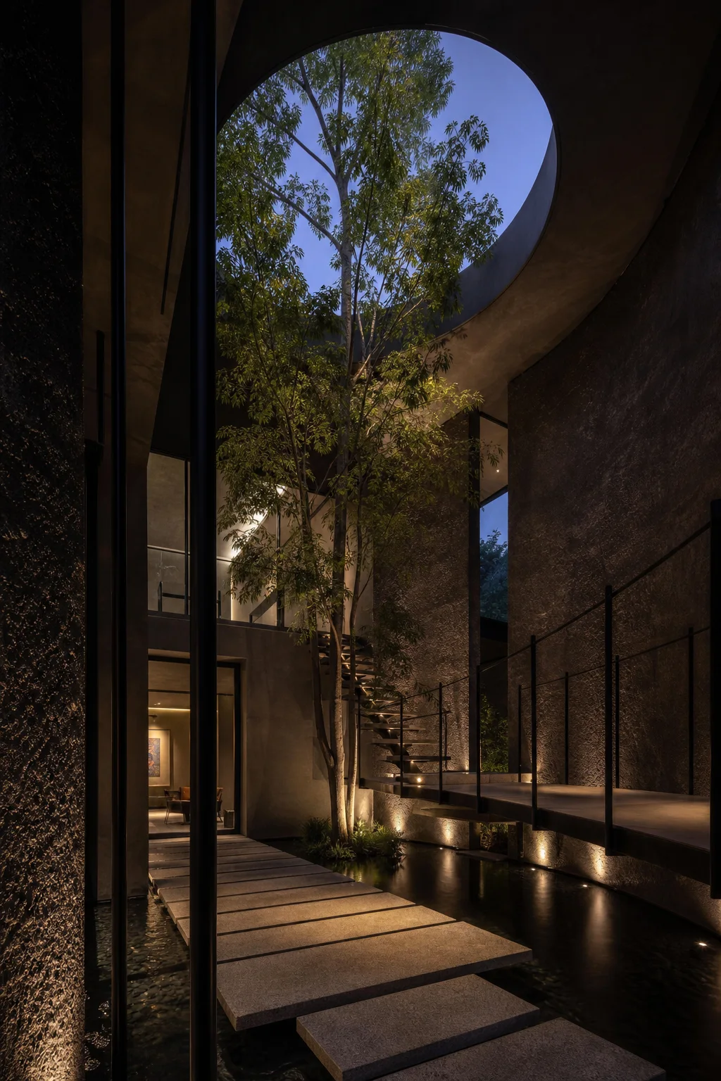 Tall residential atrium built around a mature tree