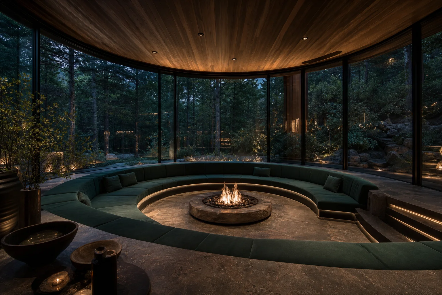 Circular sunken lounge with a central hearth