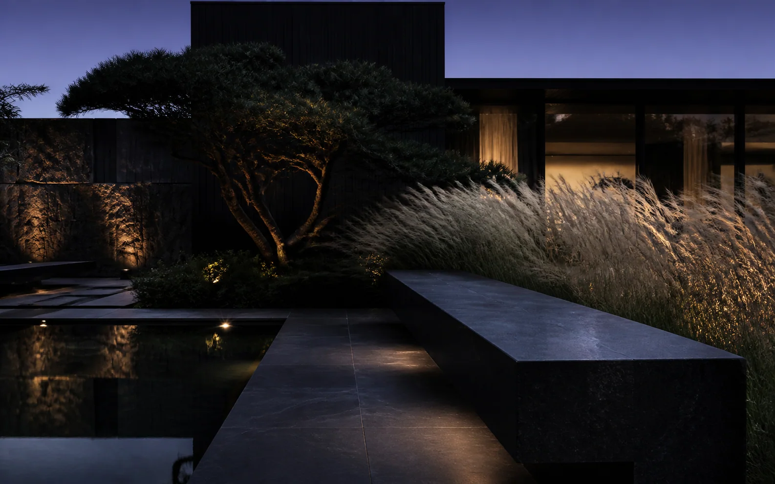 Sculptural tree, grasses, water, and dark stone terrace
