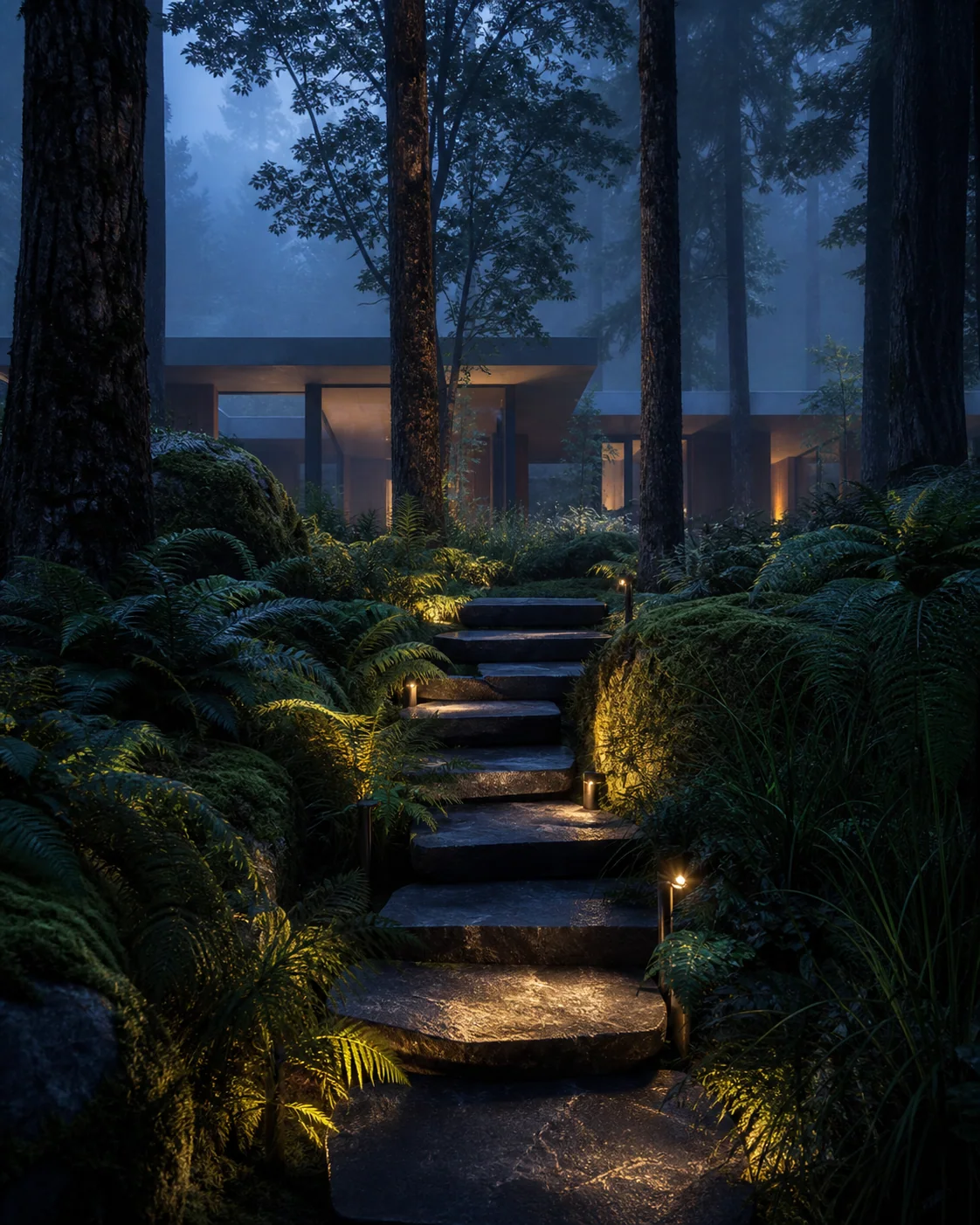 Illuminated woodland steps through ferns toward a house