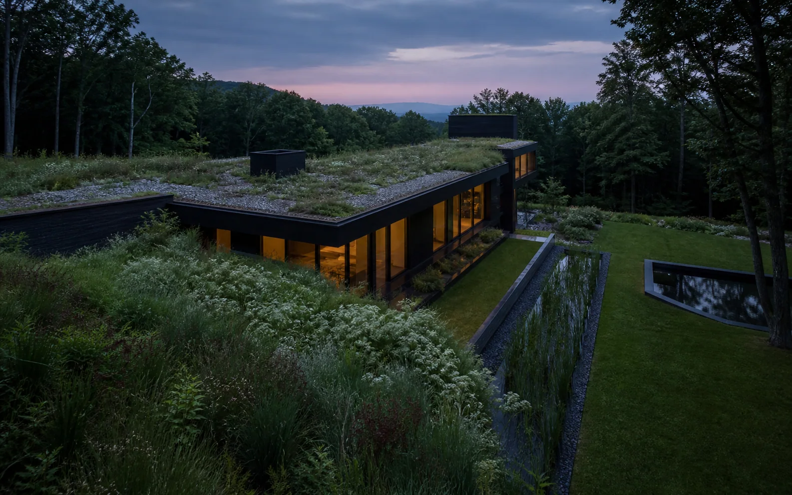Modern residence integrated into a meadow living roof