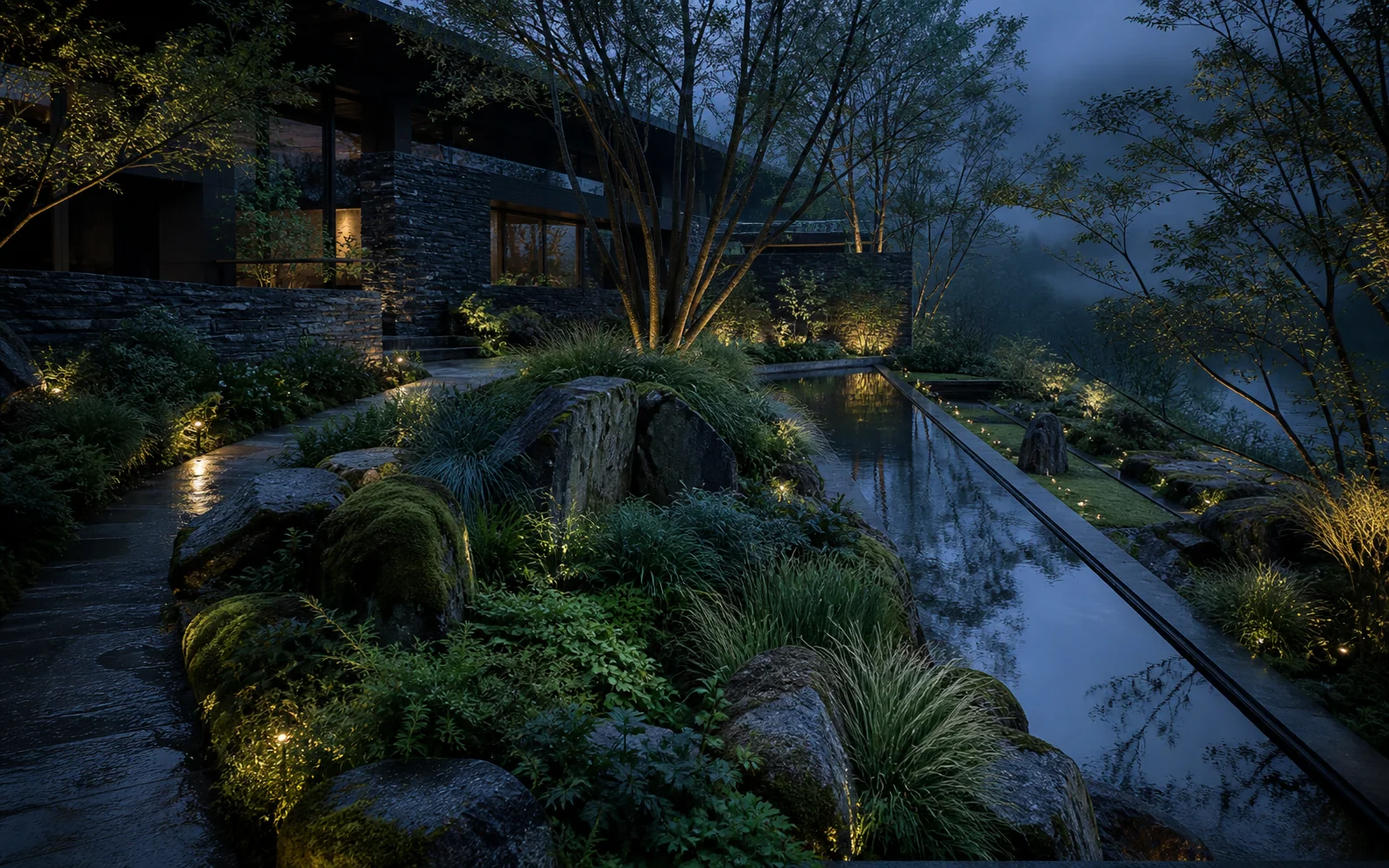 Rain garden with mossy boulders, native planting, and reflecting water