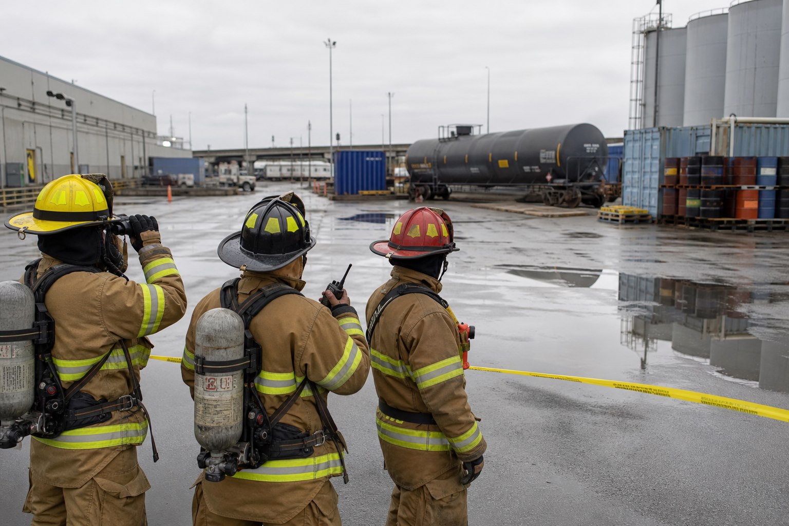 Firefighters observing an industrial rail incident from behind a safety perimeter