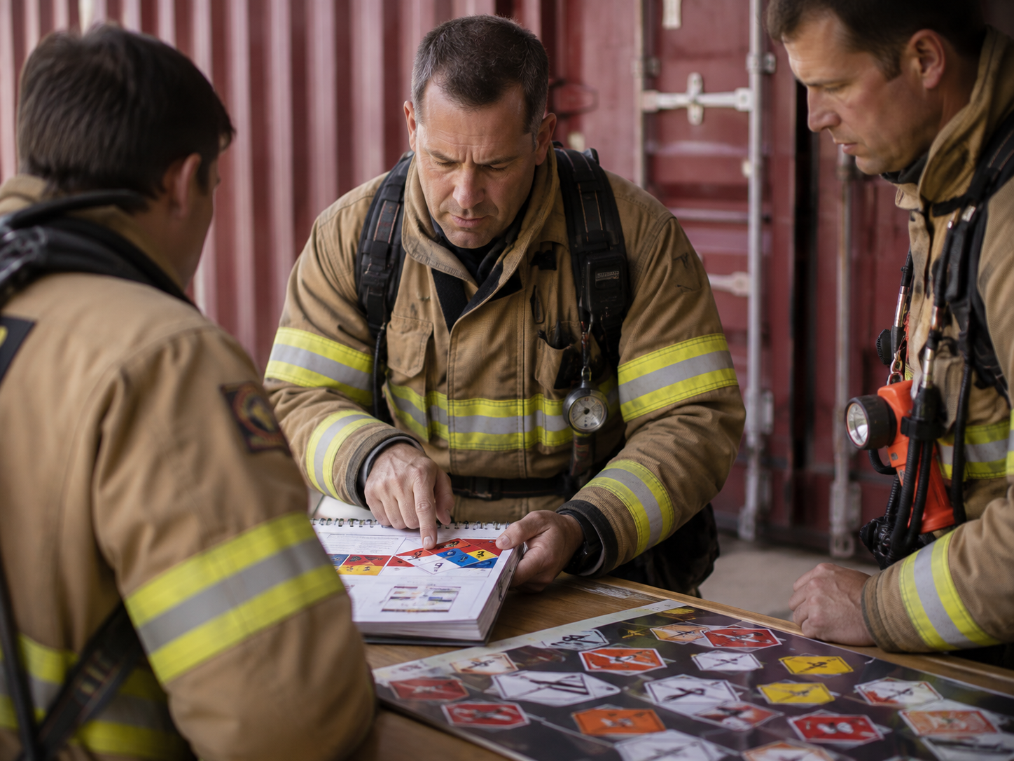 Firefighters reviewing hazmat materials and placards during training