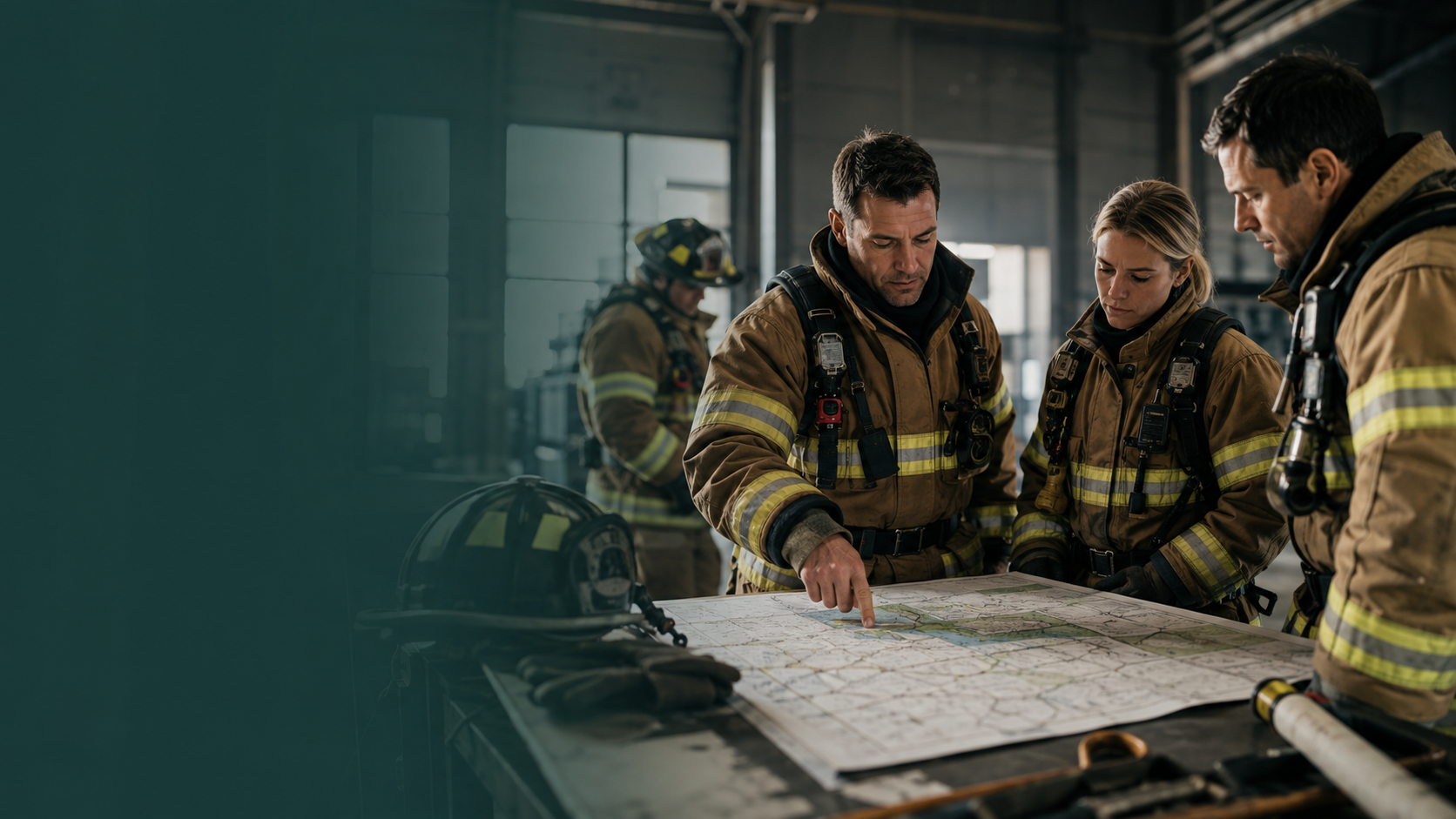 Firefighters planning a training operation inside a station