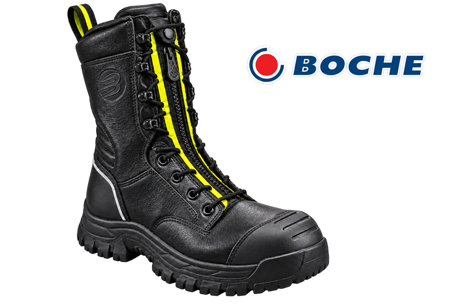 BOCHE TYPHON IR1 black lace-up firefighting boot with yellow zipper accents and official BOCHE logo