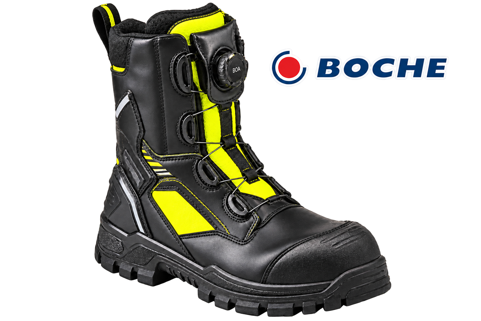 BOCHE LOXO PROTECT black BOA-closure firefighting boot with yellow visibility panels and official BOCHE logo