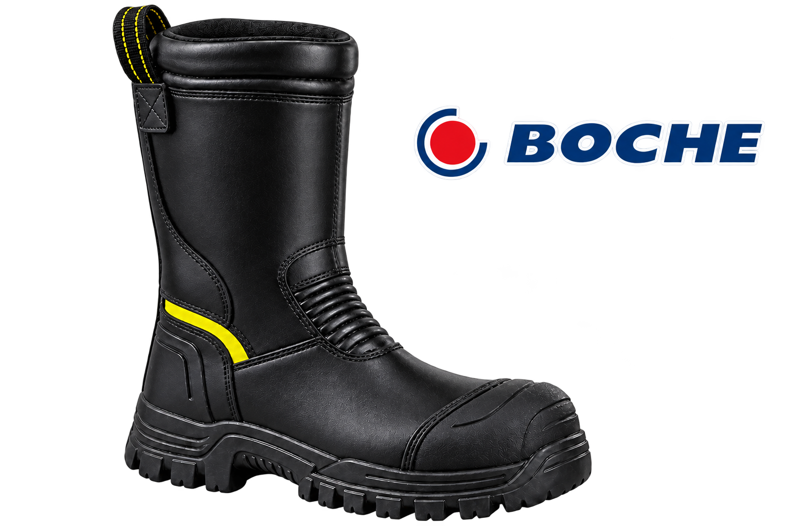 BOCHE JAVA V2 tall black pull-on firefighting boot with yellow ankle accent and official BOCHE logo