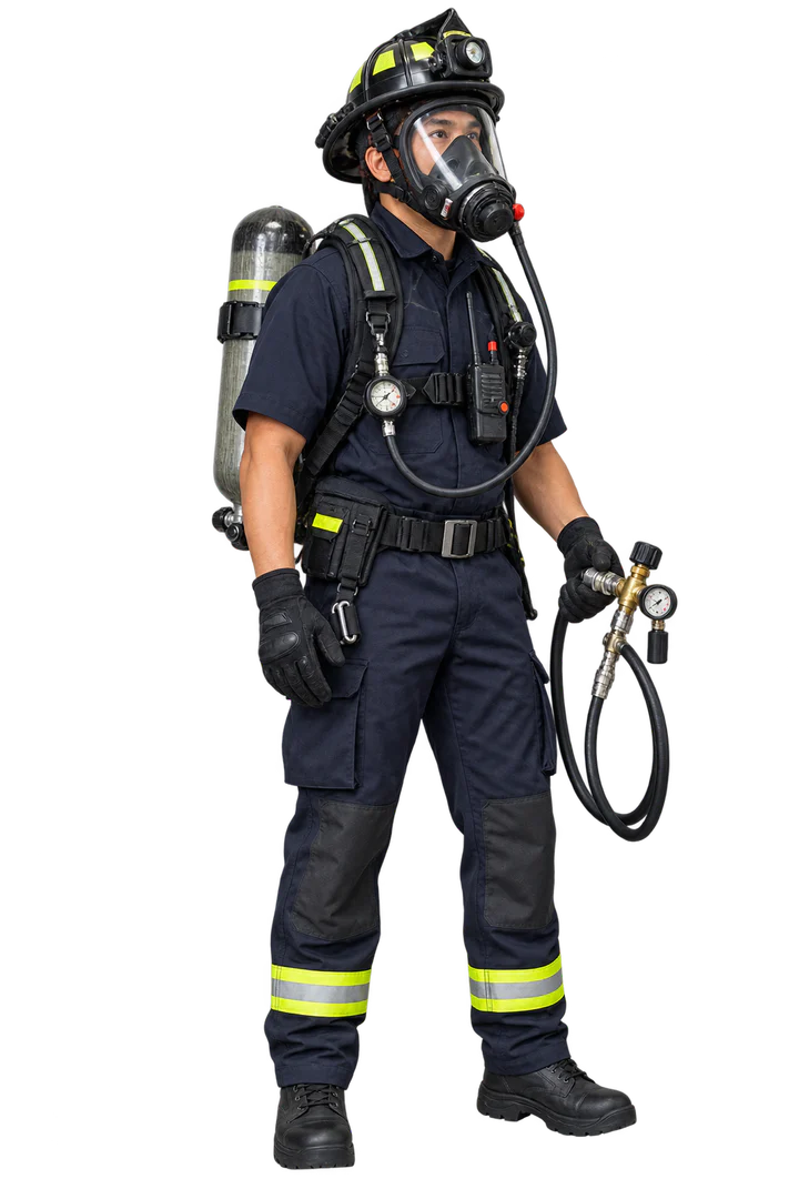 Breathing-air specialist wearing SCBA and carrying refill equipment