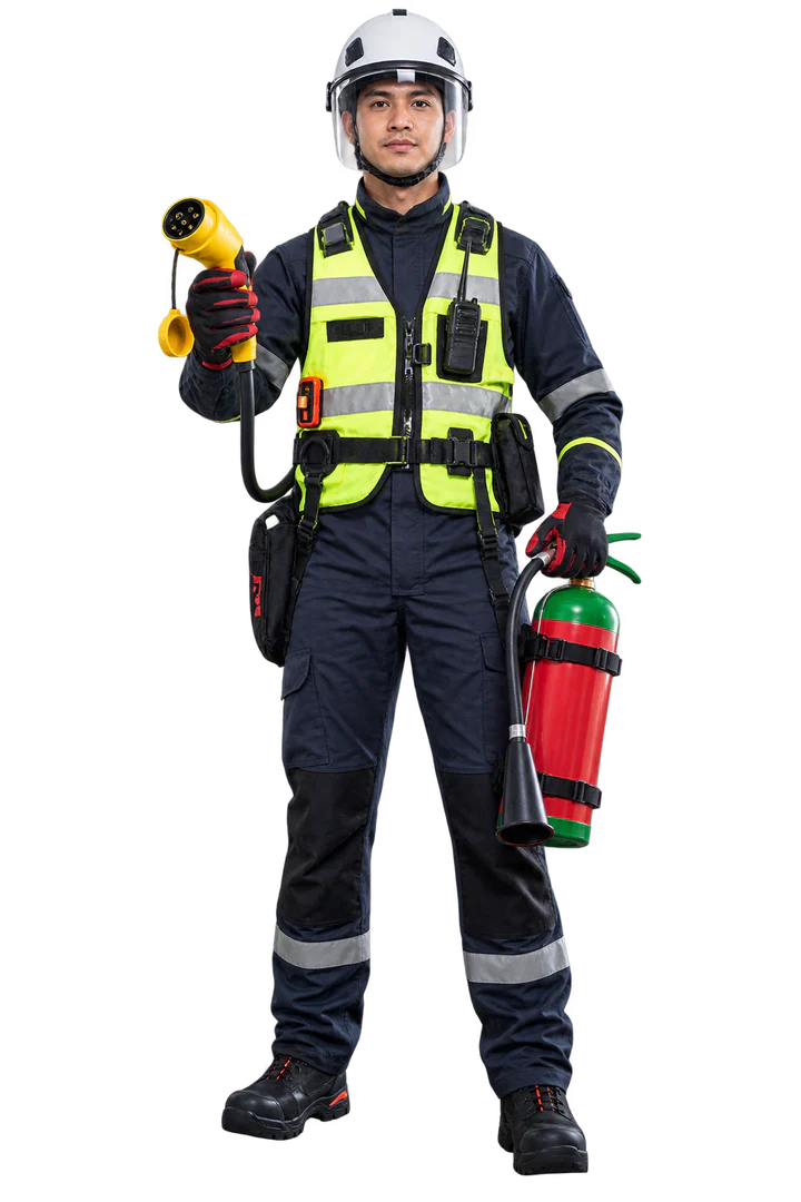 Energy-safety responder carrying EV immobilisation and lithium-battery fire equipment
