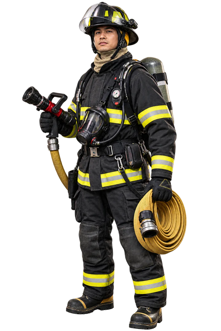 Firefighter wearing structural firefighting PPE and carrying firefighting equipment
