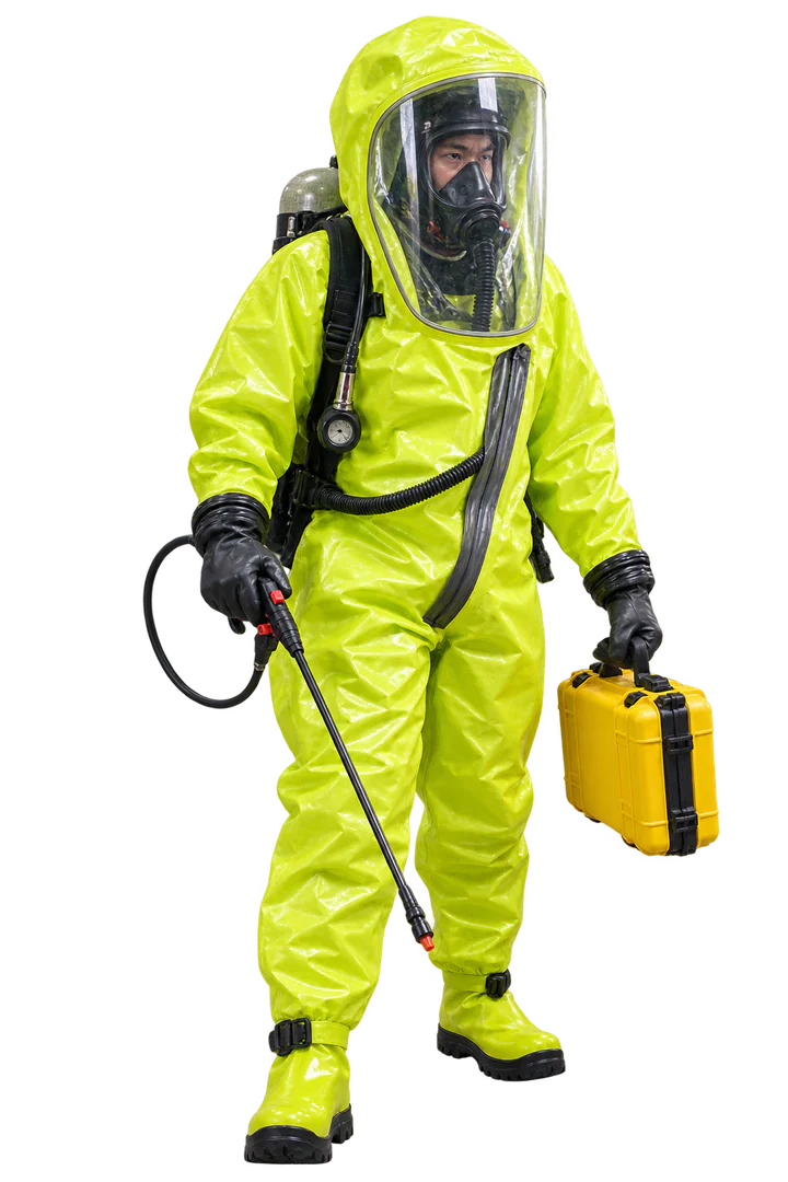 Hazmat responder wearing a fully encapsulating chemical protective suit