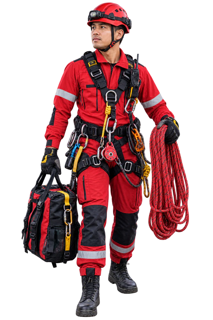 High-angle rescue technician wearing a rope-rescue harness and carrying rescue rope