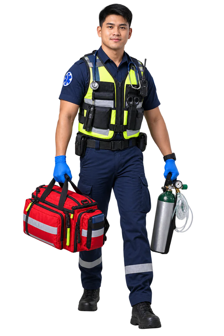 Emergency medical responder carrying a trauma bag and portable oxygen equipment