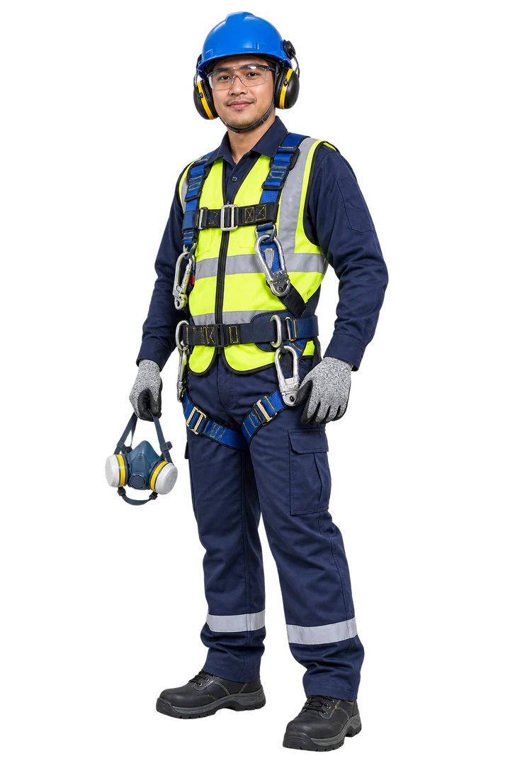 Construction safety professional wearing helmet, eyewear, hearing protection, harness and workwear