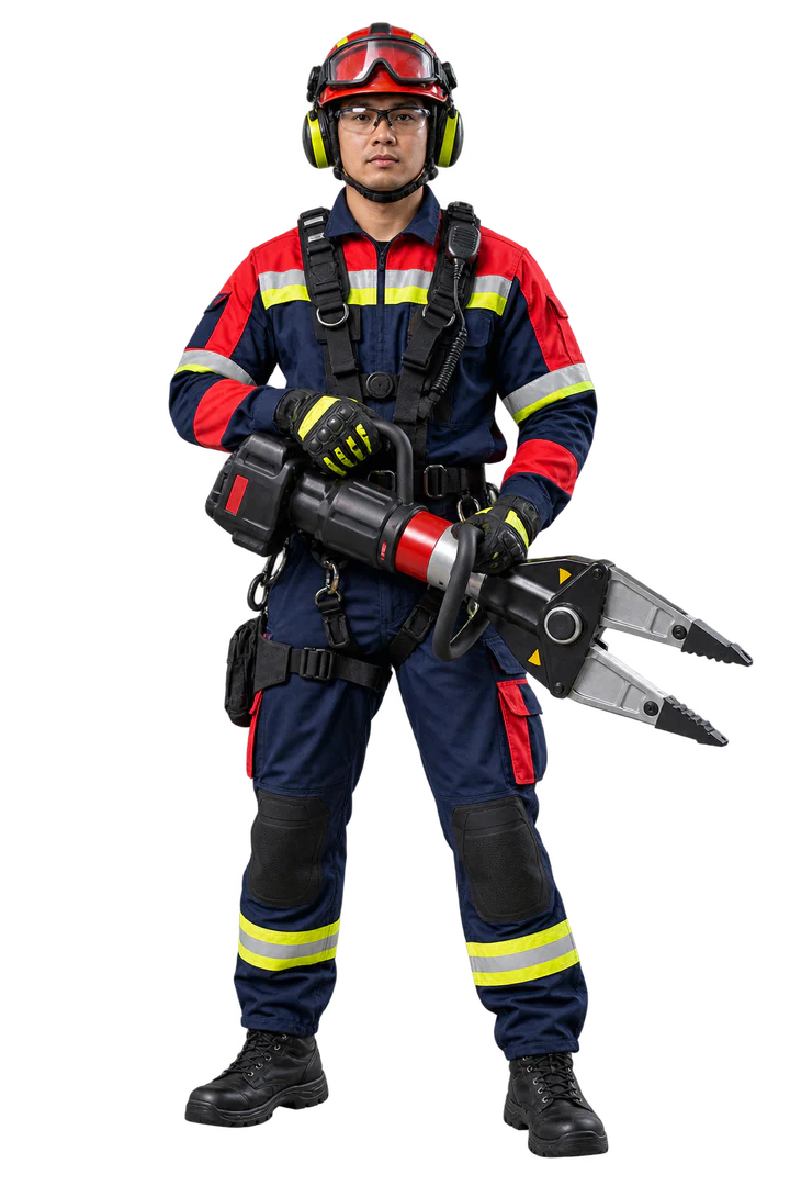 Technical rescue specialist holding a hydraulic combination rescue tool