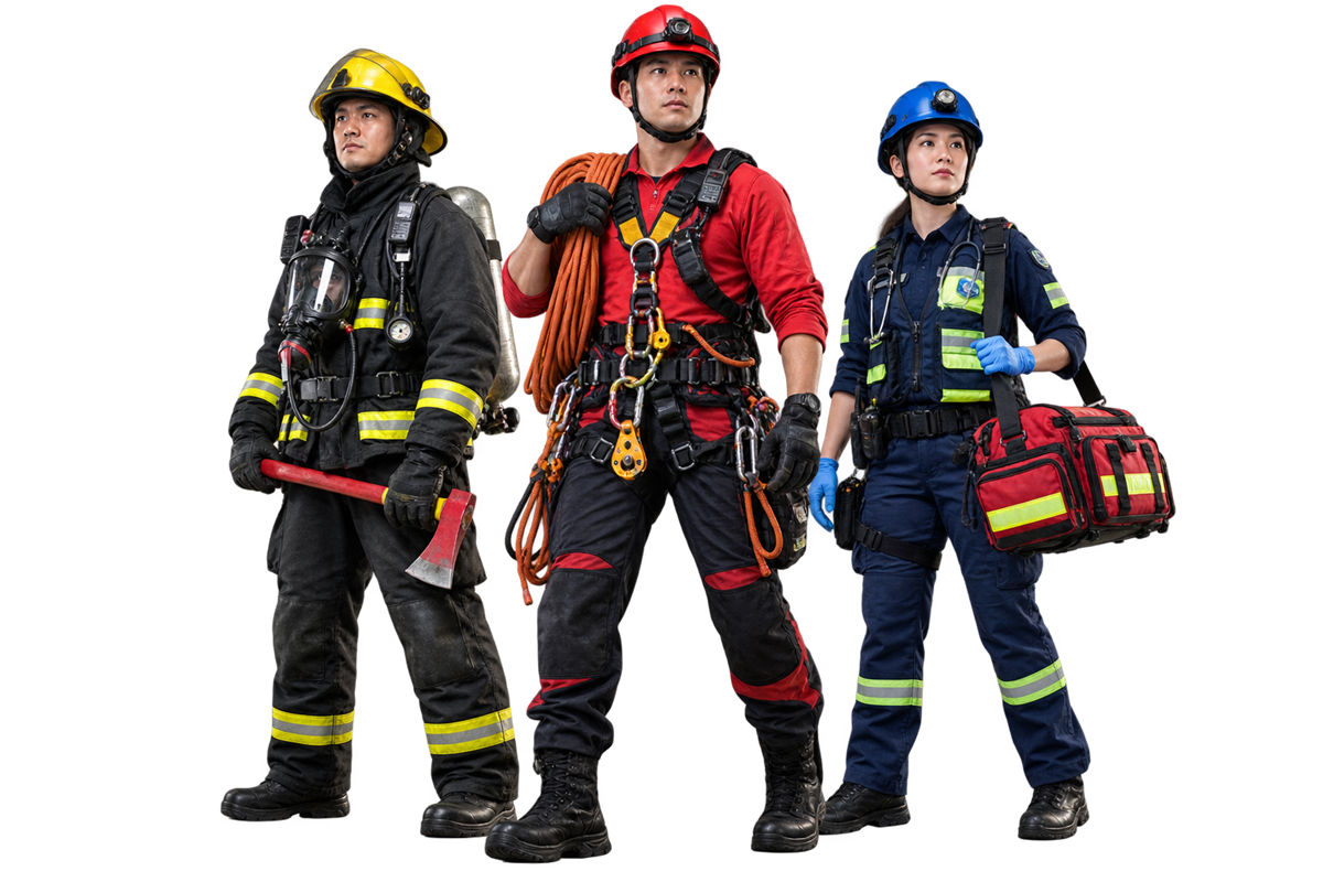 Firefighter, high-angle rescue technician and medical responder wearing professional equipment