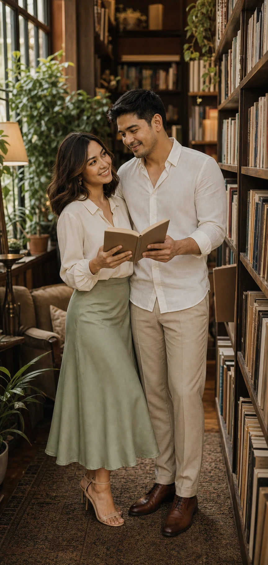 Adrian and Camille sharing a quiet prenup moment inside a warm independent bookshop