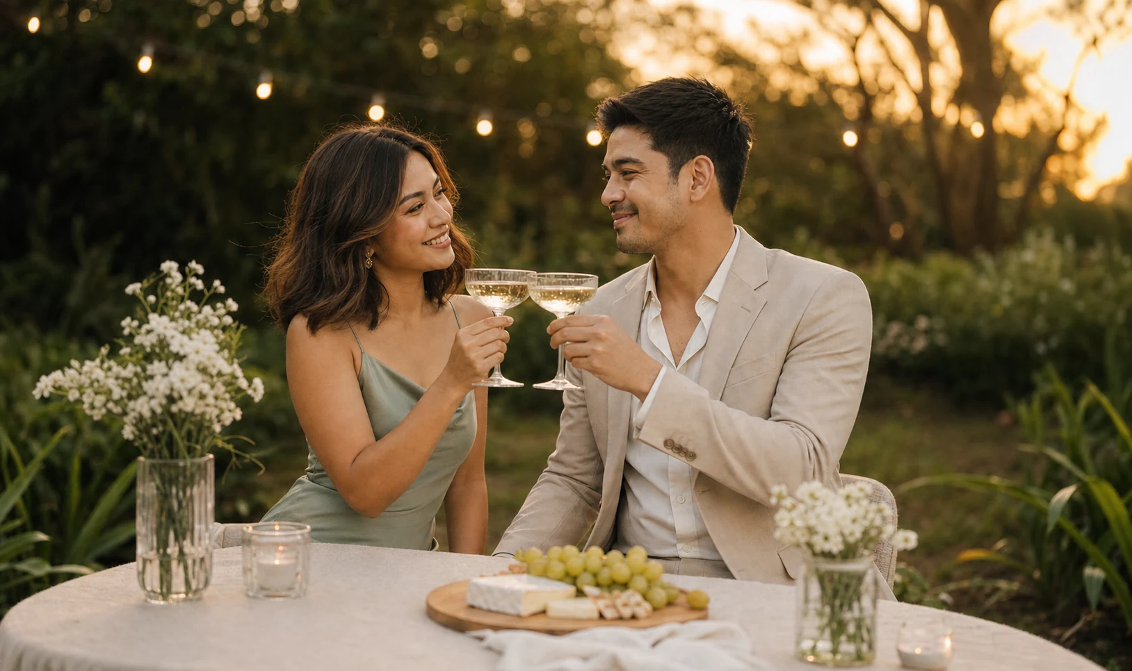 Champagne glasses and flowers styled for a prenup detail shot