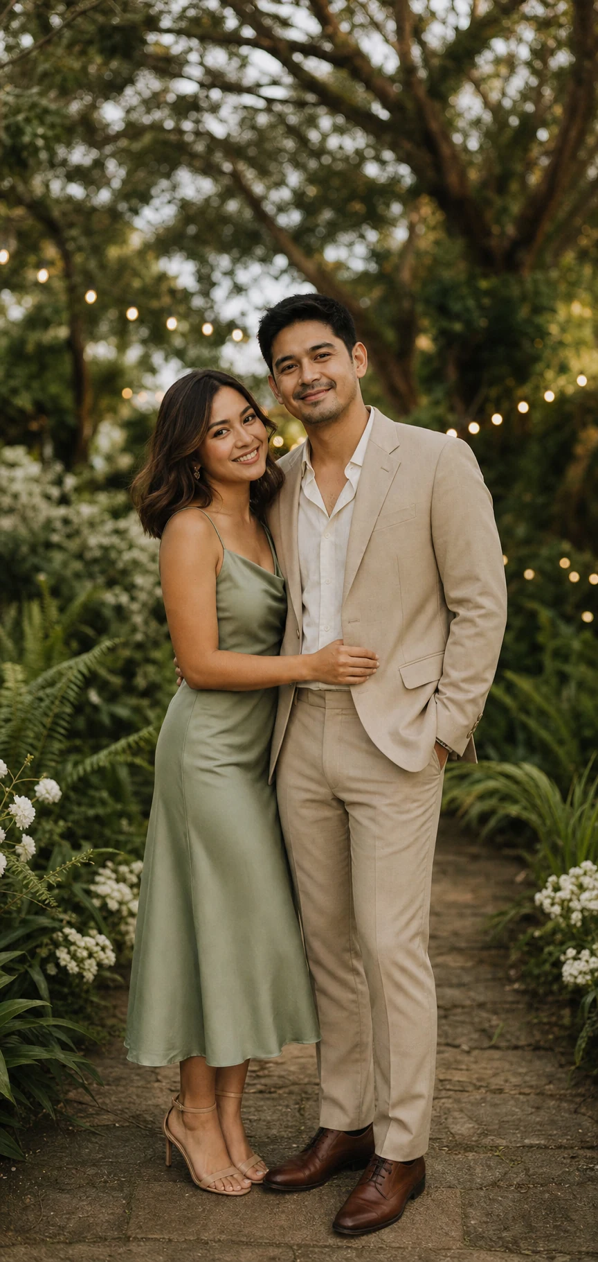 Adrian and Camille in a warm, elegant prenup portrait in a lush highland garden