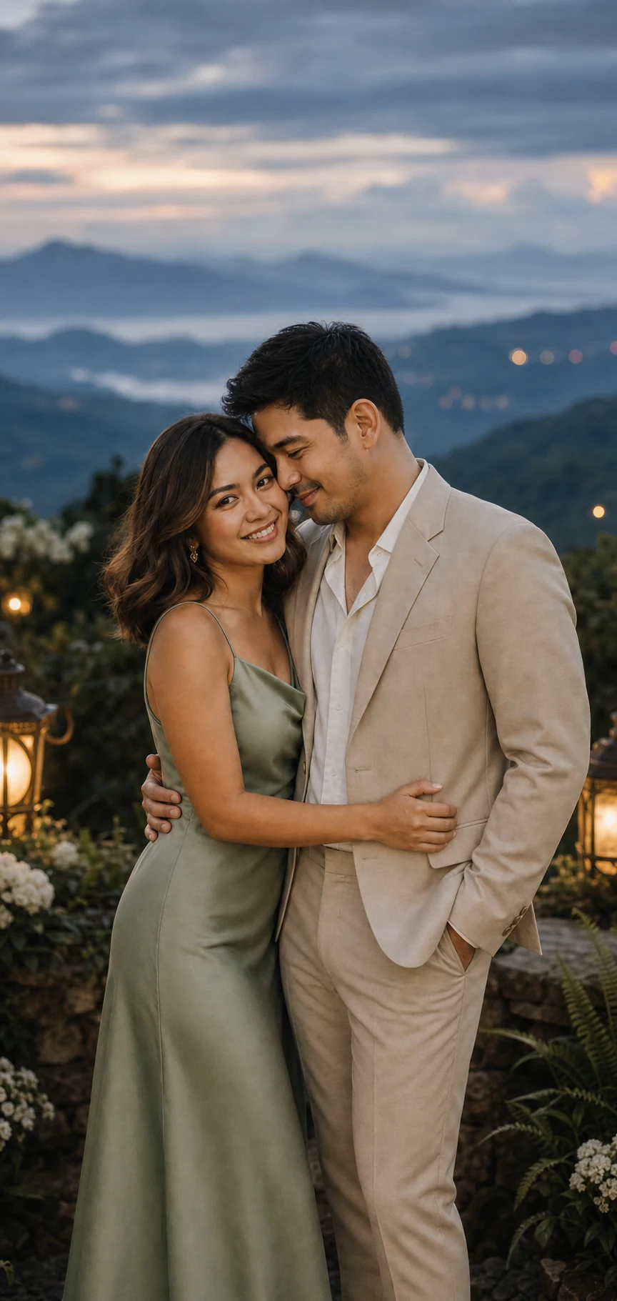 Adrian and Camille in a romantic prenup portrait at twilight