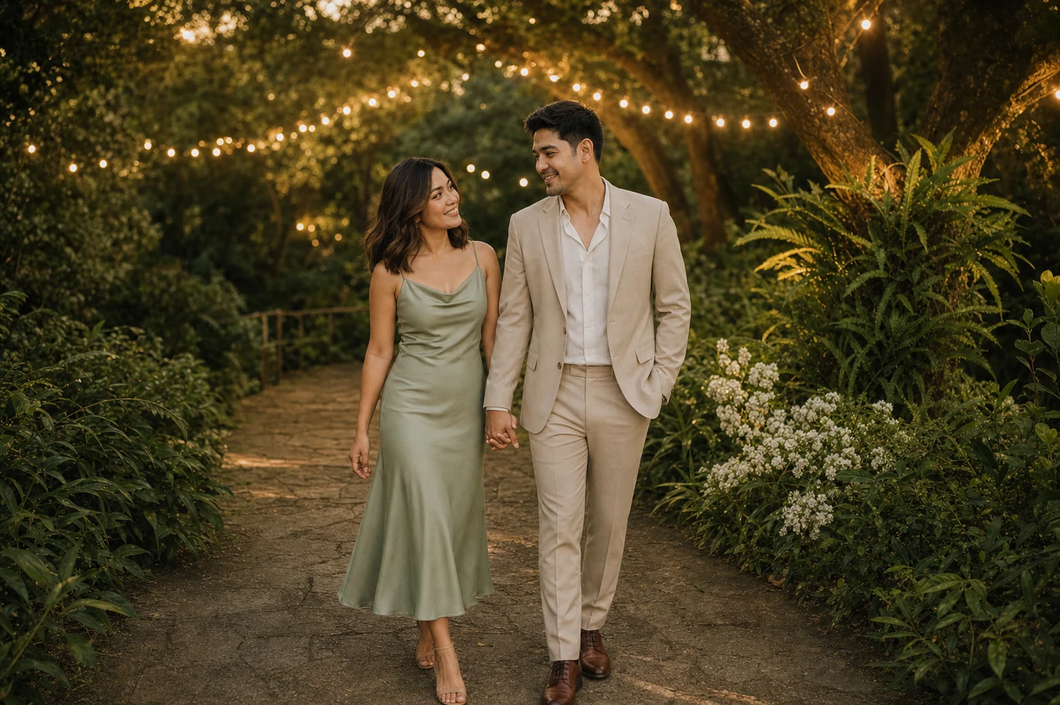 Adrian and Camille walking hand in hand beneath garden lights